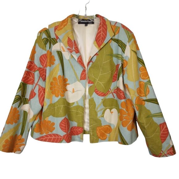 Painted Pony | VTG Linen Tropical Floral Open Front Blazer Jacket USA | Size XL - Picture 1 of 9